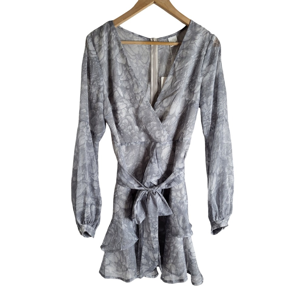 Selfie Leslie Grey Floral Ruffle Mini Dress Wrap V-Neck Size M Cottagecore NEW